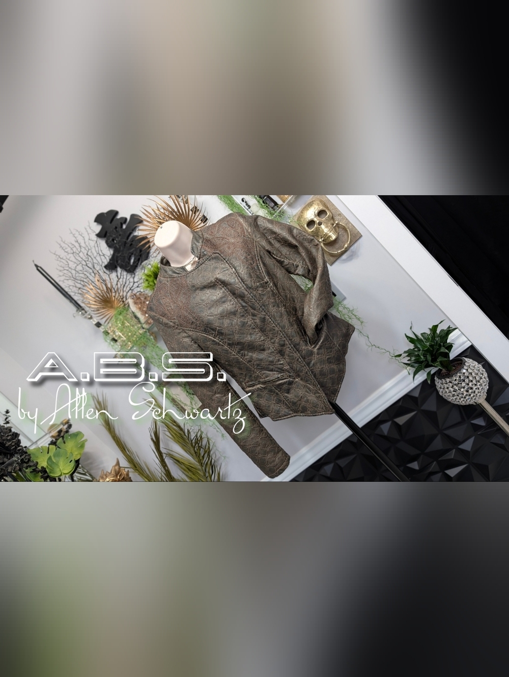 A.B.S. by Allen Schwartz Brown Pu Leather Embroidery Moto Jacket SM